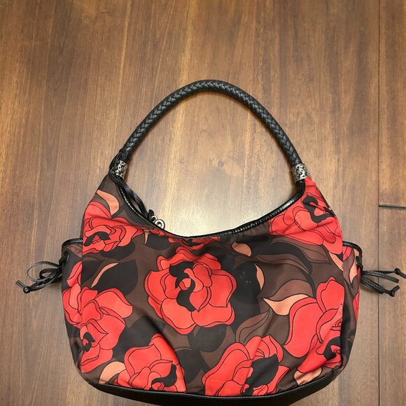 Brighton Jillian Rose Print Nylon Fabric Leather Hobo Bag Red Black - Picture 9 of 16